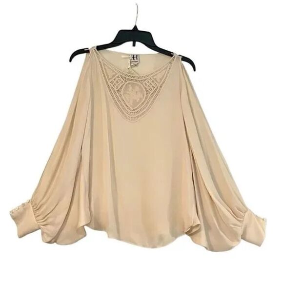 Haute Hippie Top - Bat Wing Embroidered Tan Blouse - Picture 1 of 5